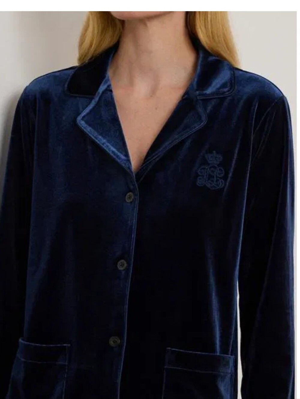Lauren Ralph Crest Monogram Velvet Button-Front Loose Pajama Top in Navy - Small